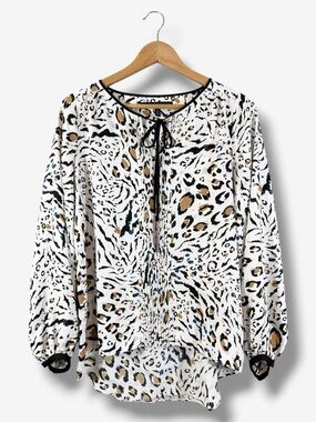 WHBM White Leopard Print Blouse XS Tassel Tie Neck Cheetah Casual Office Spring